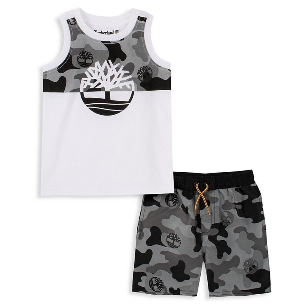 NEW Timberland Kid Toddler Swim Trunks & Muscle Tee Tank Black Gray Camo Set